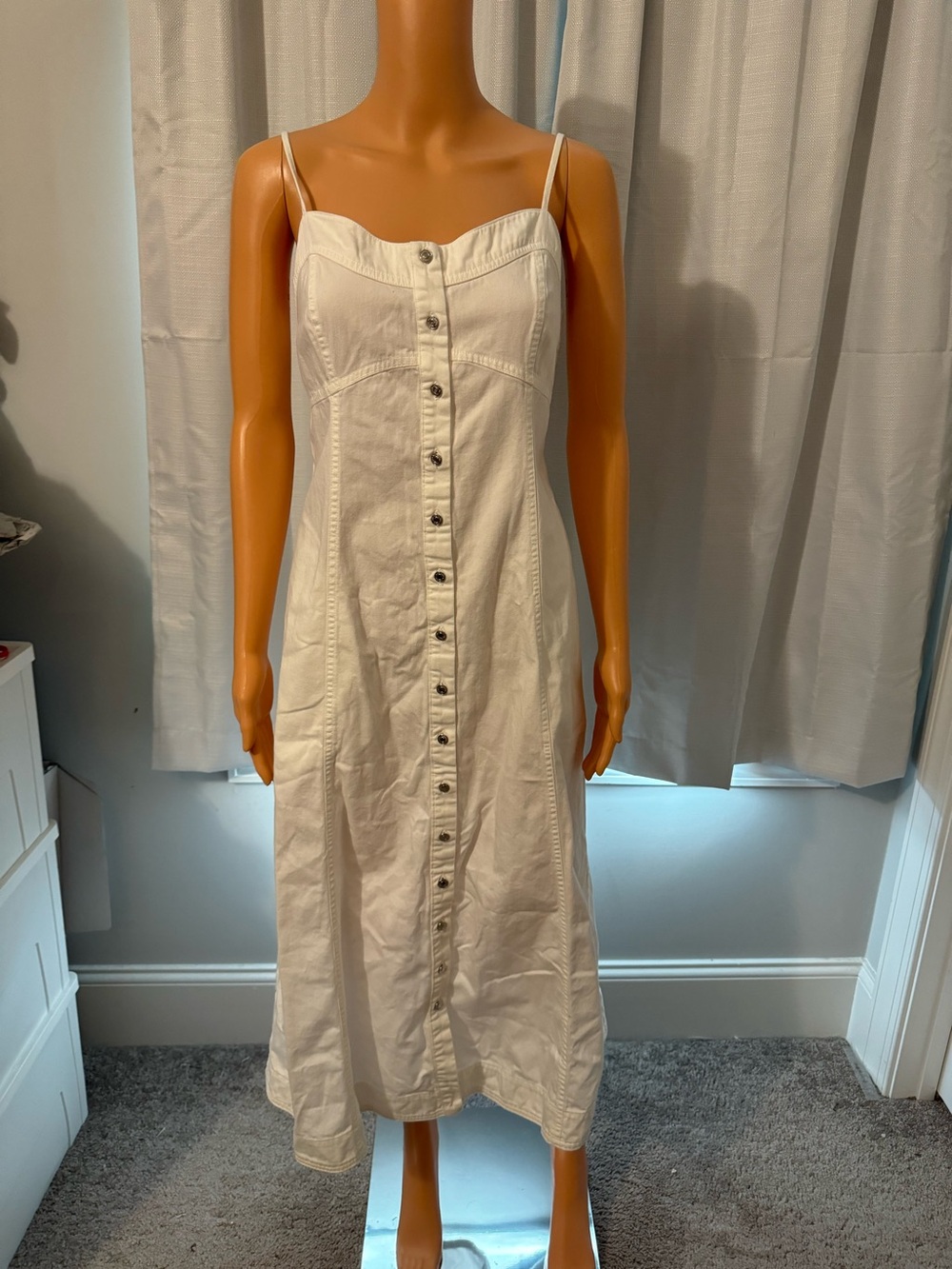 Cool Free People size L white denim button up smocked sleeveless midi dress - Picture 1 of 6